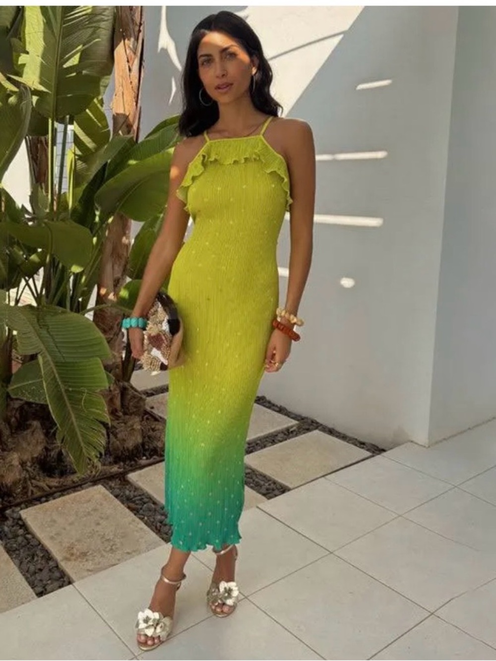 Never Fully Dressed - Lime Ombré Plisse Claudia Maxi Dress